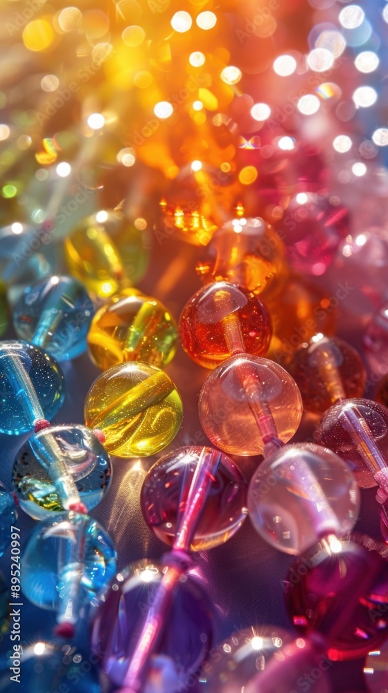 Colorful glass beads reflecting light. AI.