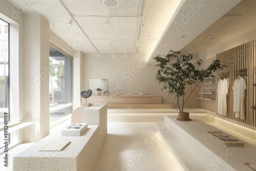 Modern shop with minimalistic design, beige tones, and well-arranged clothing displays