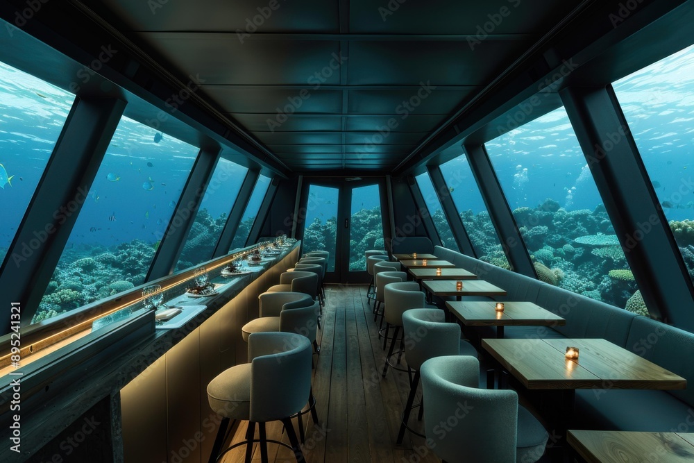 Dining with an underwater view. AI. Dining with an underwater view. AI.