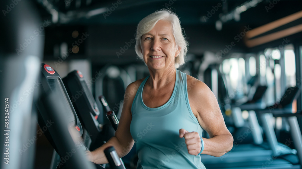 Obraz premium Joyful senior woman jogging on a treadmill at the gym, embodying health and fitness in her later years, active elderly female pensioner working out
