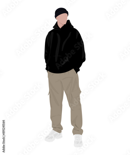 Vector illustration. A man in a black hoodie and light pants, complemented by white sneakers. Dark and stylish image.