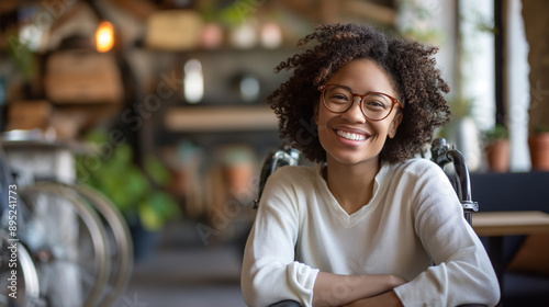 Cheerful mixed race woman in a wheelchair, confidently contributing in a diverse and inclusive workplace, representing disability mobility aid, happy lesbian employee