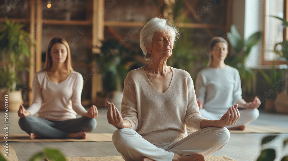 Fototapeta premium Serene environment with senior women meditating at a spa retreat, retired elderly female pensioners engaging in yoga and deep breathing exercises for mental well-being and anxiety