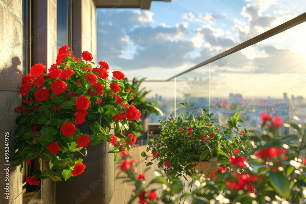 Obraz premium Balcony with red flowers overlooking the city skyline