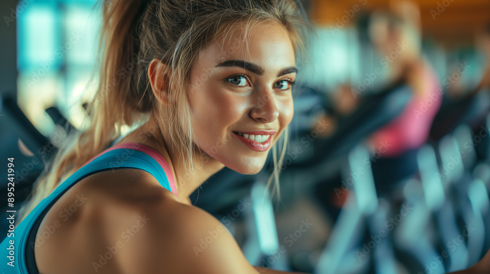 Enthusiastic young woman cycling on an exercise bike, captured from the side in a fun and energetic gym spinning class Enthusiastic young woman cycling on an exercise bike, captured from the side in a fun and energetic gym spinning class