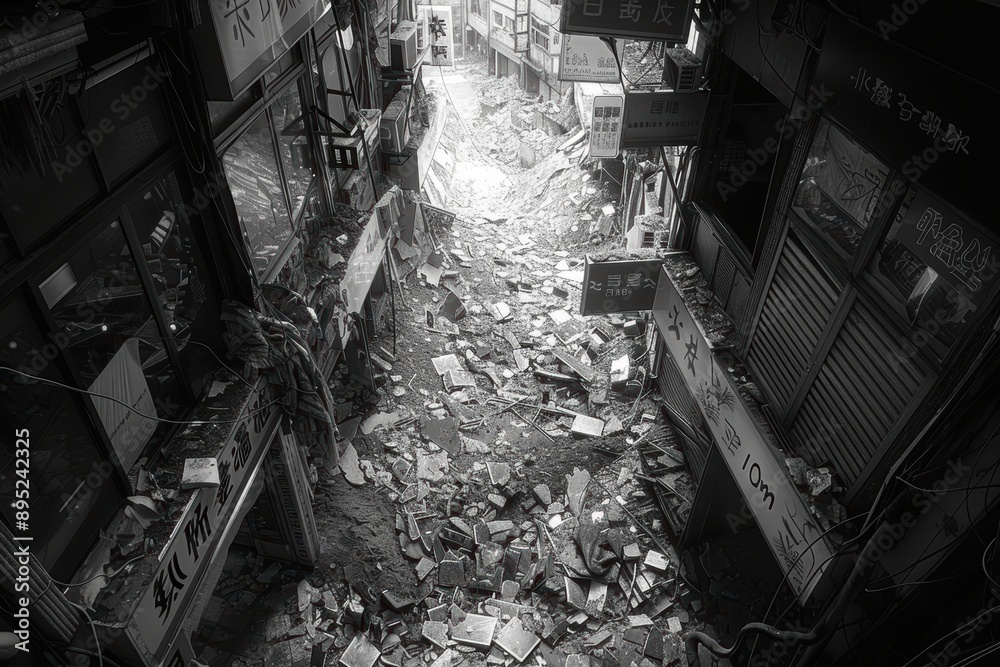 Obraz premium A narrow alleyway in an urban area is filled with rubble and debris, showcasing the aftermath of a significant event, possibly a natural disaster or demolition in black and white