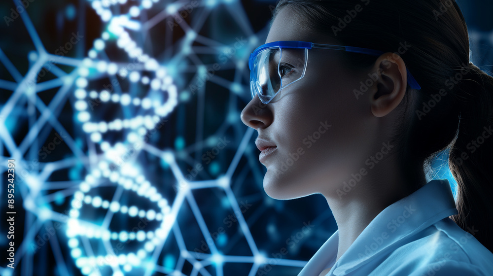 Focused white female scientist, side view, analyzing an AI double helix in a sophisticated genetic engineering AI research lab. Innovation in healthcare and biotechnology Focused white female scientist, side view, analyzing an AI double helix in a sophisticated genetic engineering AI research lab. Innovation in healthcare and biotechnology