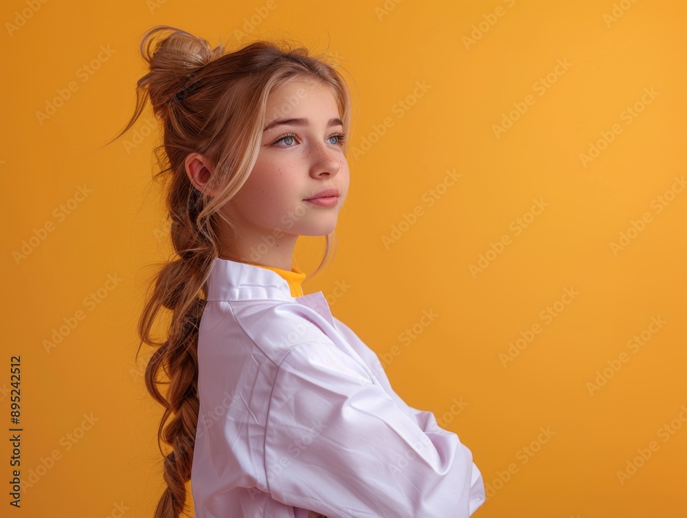 Side view of a cheerful schoolgirl with blonde hair styled in a braid and a bun, standing against an orange background, possibly after getting vaccinated. Side view of a cheerful schoolgirl with blonde hair styled in a braid and a bun, standing against an orange background, possibly after getting vaccinated.