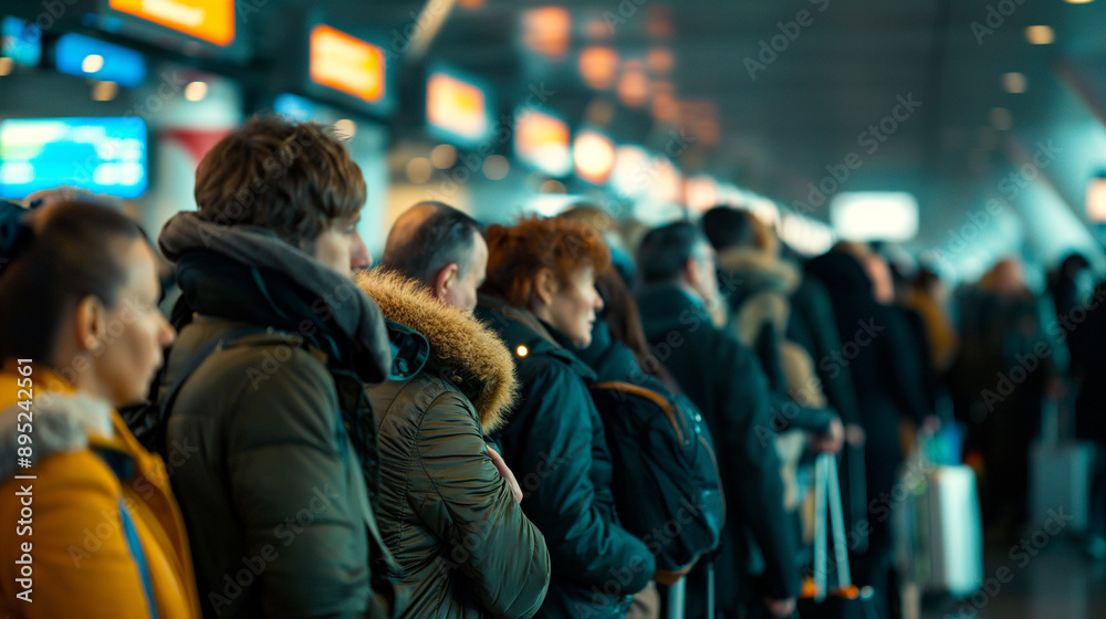 Extensive line of airport travelers, people waiting with their bags, stretching far into the distance. The terminal filled with the hustle and bustle of passengers Extensive line of airport travelers, people waiting with their bags, stretching far into the distance. The terminal filled with the hustle and bustle of passengers