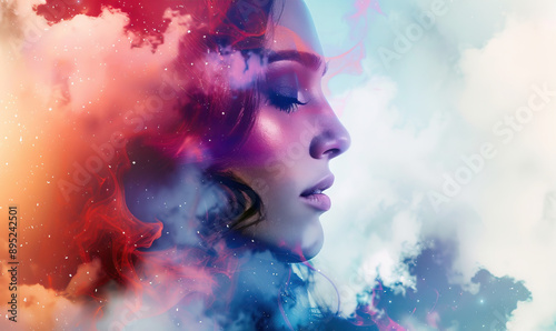 Surreal Dreamy Portrait of a Woman with Colorful Clouds and Cosmic Elements