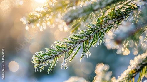 macro shot of frosted fir tree branches glistening in winter sunlight delicate ice crystals and vibrant green needles create a magical festive atmosphere