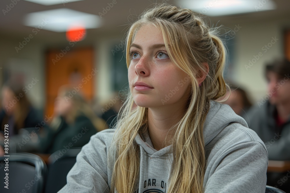 A focused young woman in a casual hoodie attentively listening during a classroom session, with other students blurred in the background, portraying a learning environment A focused young woman in a casual hoodie attentively listening during a classroom session, with other students blurred in the background, portraying a learning environment