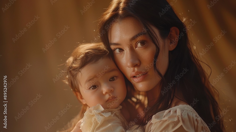 A loving mother holds her baby close, both gazing at the camera against a warm brown background. The image exudes warmth and tenderness. A loving mother holds her baby close, both gazing at the camera against a warm brown background. The image exudes warmth and tenderness.