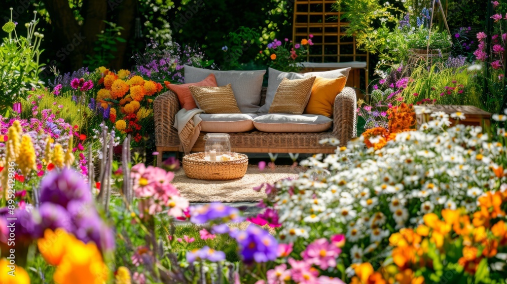Scandinavian wicker sofa and a low table on a patio surrounded by bright and colorful flowers generative ai Scandinavian wicker sofa and a low table on a patio surrounded by bright and colorful flowers generative ai