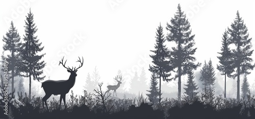 A seamless illustration of a pine forest with animals. You can remove the birds or deer - they are isolated from each other