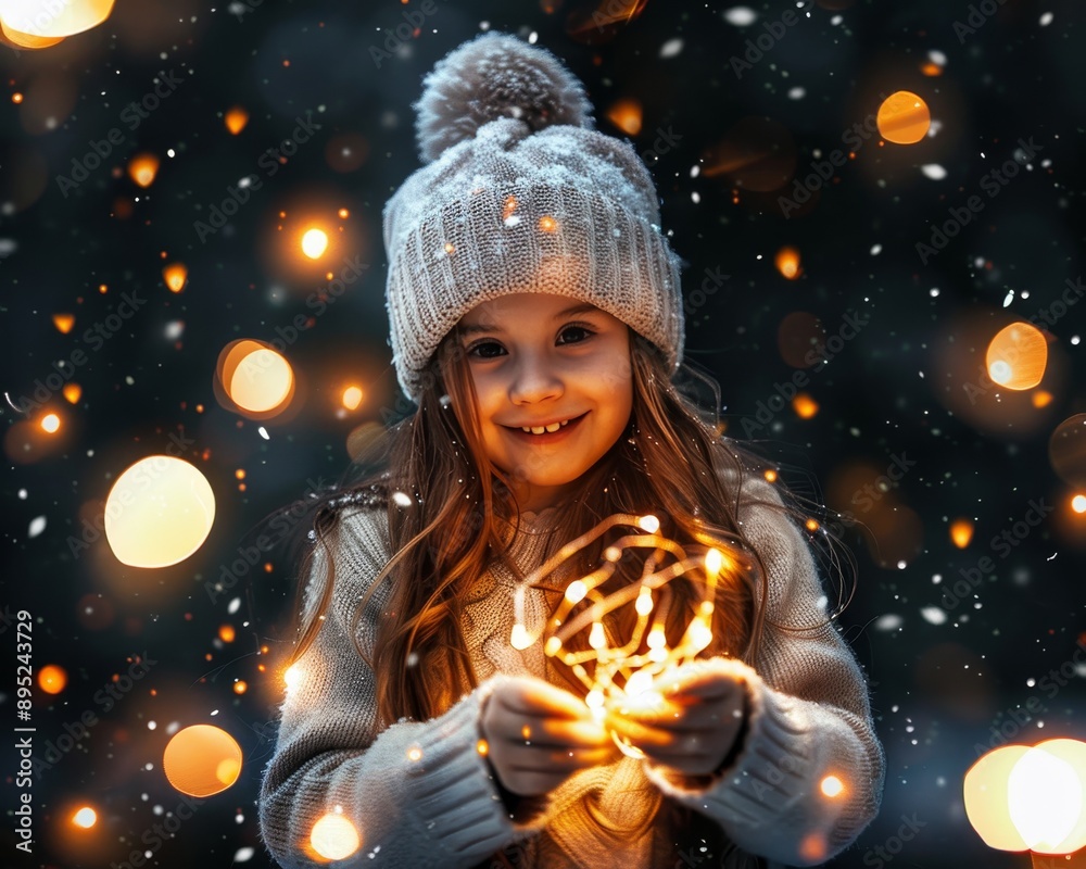 Happy child playing with christmas lights in snowfall, festive magic outdoors in winter Happy child playing with christmas lights in snowfall, festive magic outdoors in winter