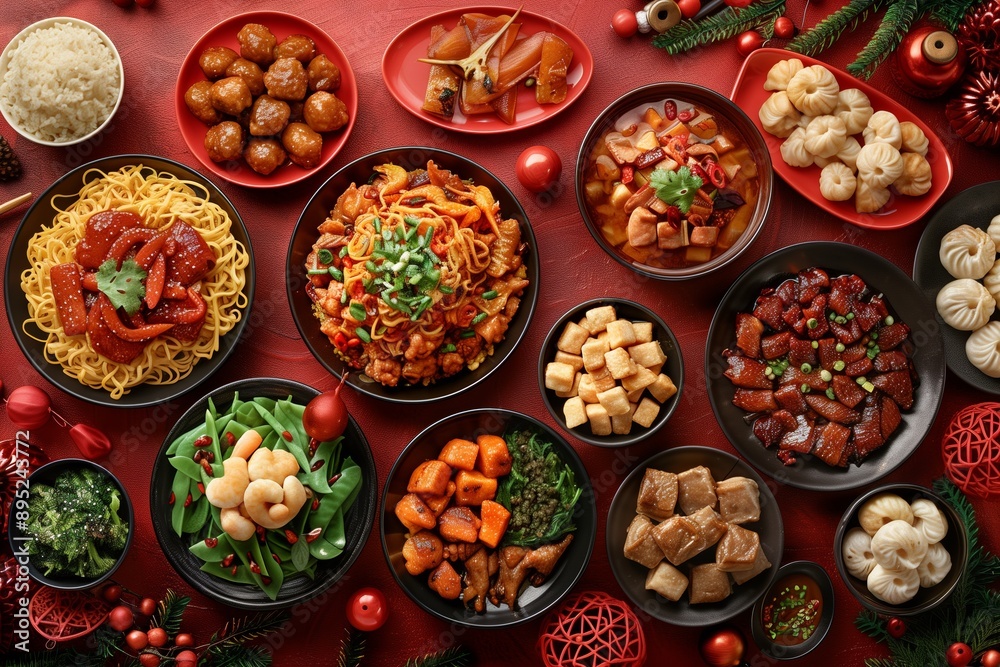 Chinese New Year Feast: Vibrant red table with traditional dishes and festive decor celebrating Chinese New Year. Chinese New Year Feast: Vibrant red table with traditional dishes and festive decor celebrating Chinese New Year.