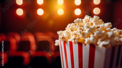 Blurred cinema hall, popcorn on focus, copy space. photo