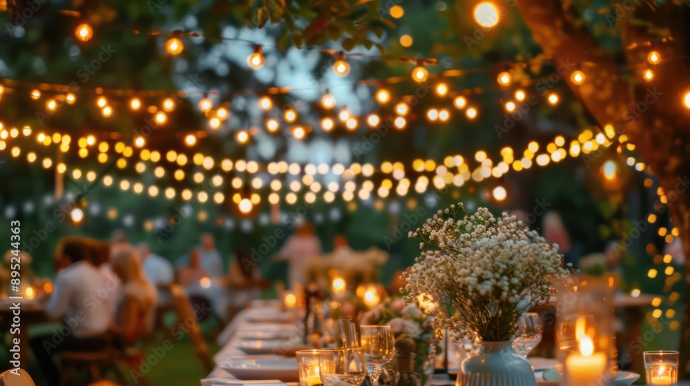 Fototapeta premium A group of people are gathered around a table with candles and flowers. Scene is warm and inviting, with the candles and flowers adding a touch of elegance to the setting