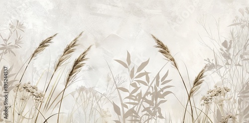 Tropical brunches with graphic exotic flowers on the concrete grunge wall. Ideal for photo wallpaper, wallpaper, or mural design.