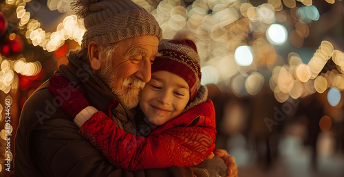 A man and a child are hugging each other in the snow