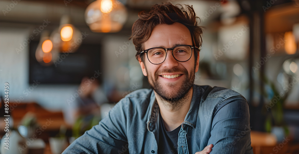 A man wearing glasses and a grey shirt is smiling at the camera A man wearing glasses and a grey shirt is smiling at the camera
