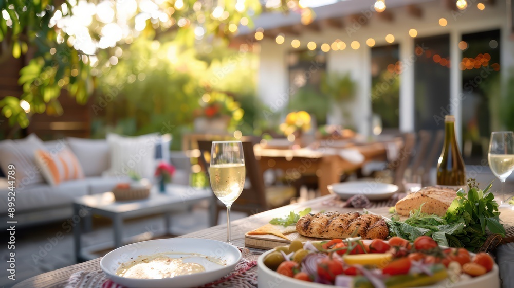A table with a variety of food and drinks, including wine, and a couple of bottles. Scene is relaxed and inviting, as it is a casual outdoor gathering with friends or family A table with a variety of food and drinks, including wine, and a couple of bottles. Scene is relaxed and inviting, as it is a casual outdoor gathering with friends or family