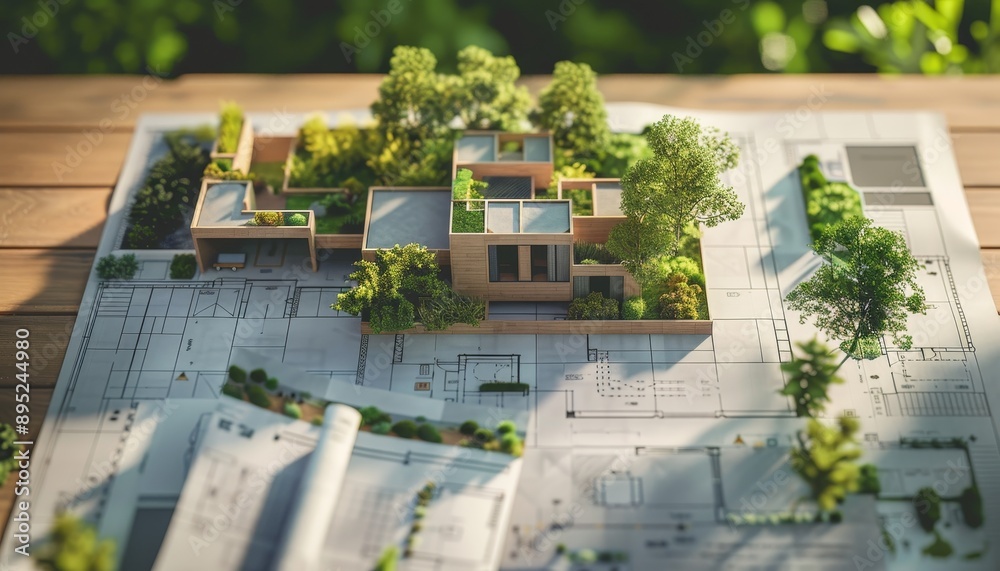 Fototapeta premium Top view of architectural plans and landscape design on desk, ideal for architects and designers