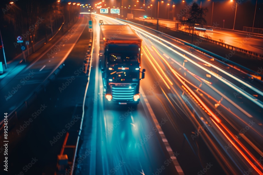 Nighttime hyperlapse of glowing truck light trails on highway, ai generated transportation scene Nighttime hyperlapse of glowing truck light trails on highway, ai generated transportation scene