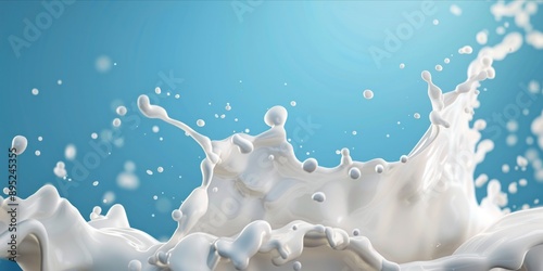 Splattered milk splash, pouring white liquid flow for low, full, skimmed fat dairy products. photo