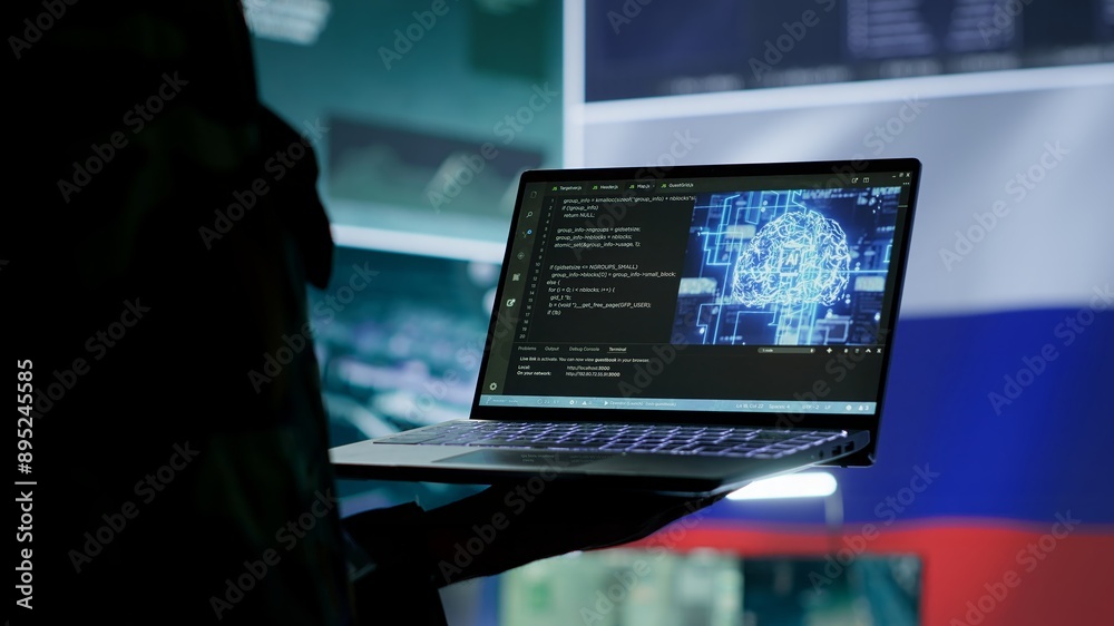 Russian IT expert uses new technology machine learning to spread fake news and cyber war propaganda, making national threats via neural network digital science. Army stealing information. Camera A. Russian IT expert uses new technology machine learning to spread fake news and cyber war propaganda, making national threats via neural network digital science. Army stealing information. Camera A.