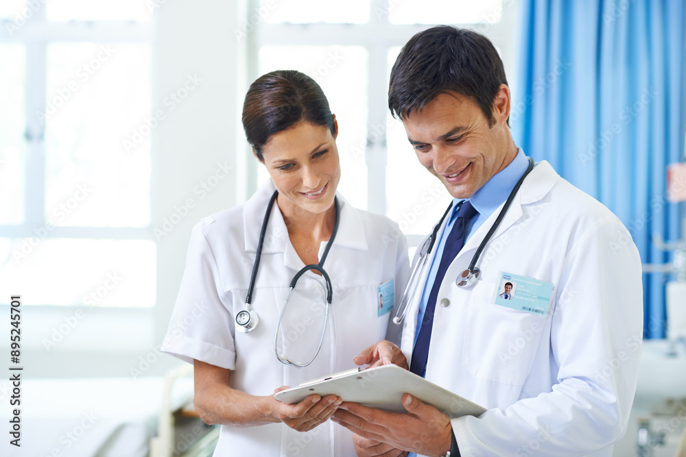 Doctors, helping and tablet for healthcare team on clinic website, update and review medicine. Staff, assistance and medical support for treatment or diagnosis, surgery schedule and hospital news