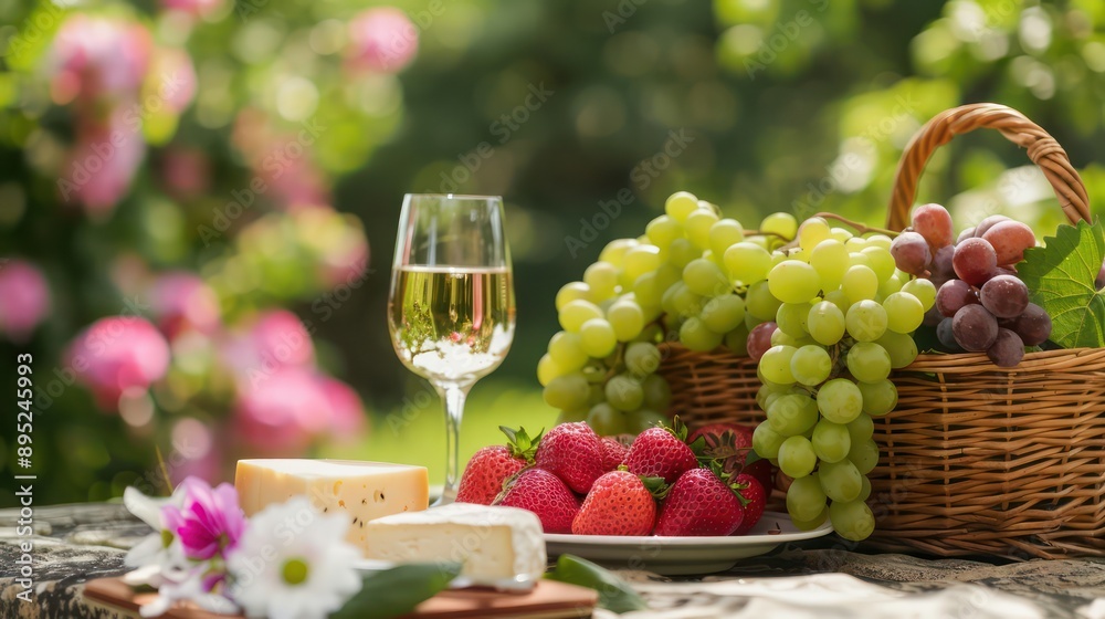A basket of fruit and a glass of wine on a table. The basket contains grapes, strawberries, and a slice of cheese. The scene is set in a garden, with flowers in the background A basket of fruit and a glass of wine on a table. The basket contains grapes, strawberries, and a slice of cheese. The scene is set in a garden, with flowers in the background