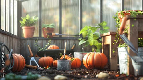 pumpkin seeds in pots inside a greenhouse generative ai