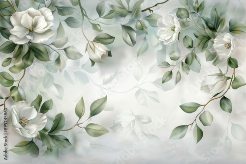 Wallpaper Mural There is a white and green floral wallpaper on the wall with a lot of leaves and flowers. It is generative stock. Torontodigital.ca