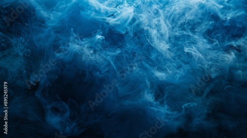 Blue color particles texture paint vapor storm wave on dark black abstract background. Glitter fluid. Ink water. Magic mist. Shiny smoke. Glitter fluid. Dark black abstract background. © Maxim Borbut