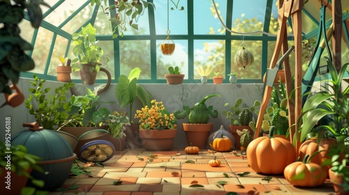 pumpkin seeds in pots inside a greenhouse generative ai