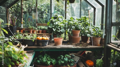 pumpkin seeds in pots inside a greenhouse generative ai
