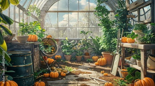 pumpkin seeds in pots inside a greenhouse generative ai