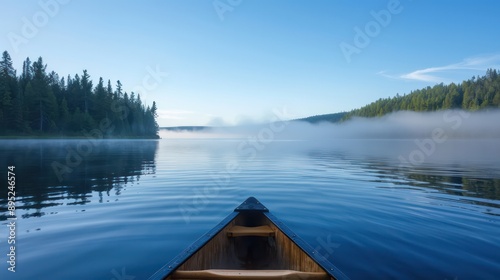 A canoe is on a lake with a cloudy sky in the background. The water is calm and the sky is overcast