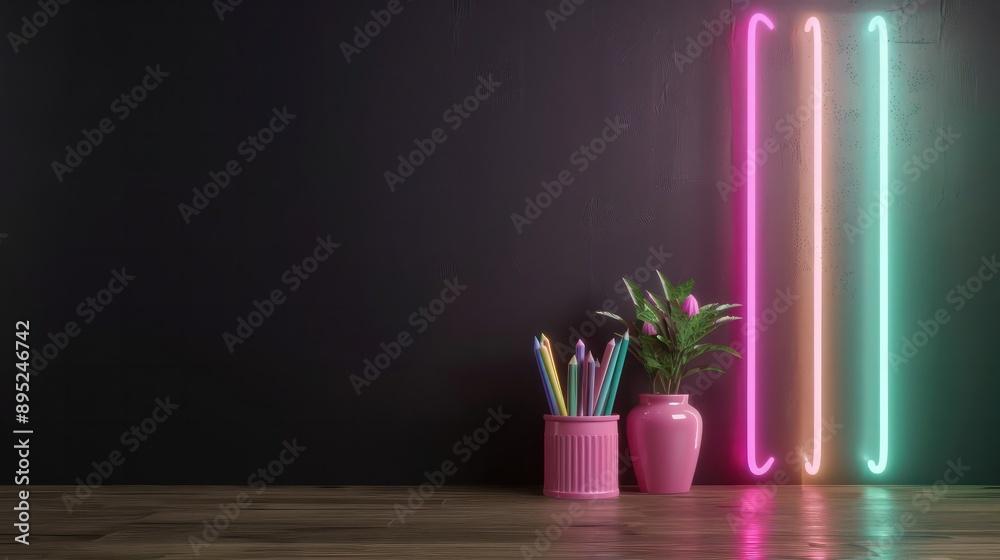 A neon sign with three different colors is above a desk with a pink vase and a green plant A neon sign with three different colors is above a desk with a pink vase and a green plant
