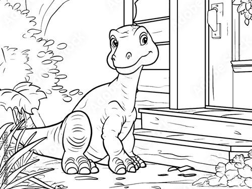 Coloring book. Cute dinosaur sits on the porch of the house. Generative ai vector.