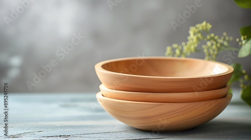 Handmade wooden kitchen utensils, wooden kitchen dishes, empty various plates. Business food background, culinary backdrop with copy space. Generative AI.