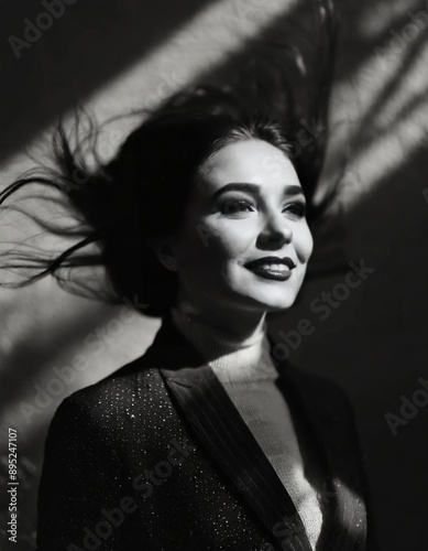 artistic black and white portrait of woman moving her long black hair