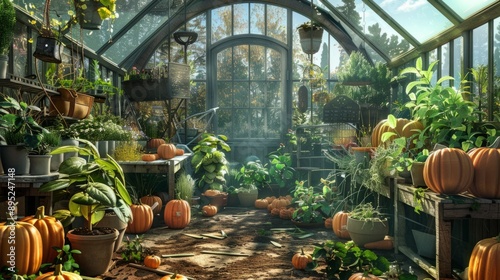 pumpkin seeds in pots inside a greenhouse generative ai