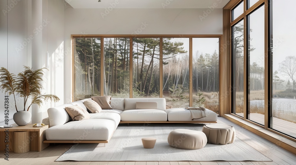 serene scandinavian living room flooded with natural light minimalist white sofa accented by warm wooden floors and large windows framing a peaceful landscape serene scandinavian living room flooded with natural light minimalist white sofa accented by warm wooden floors and large windows framing a peaceful landscape