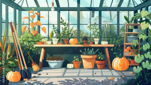 pumpkin seeds in pots inside a greenhouse generative ai