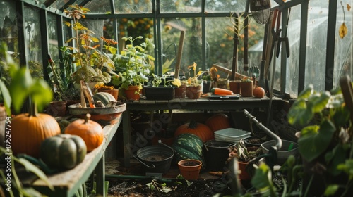 pumpkin seeds in pots inside a greenhouse generative ai