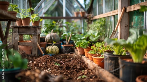 pumpkin seeds in pots inside a greenhouse generative ai