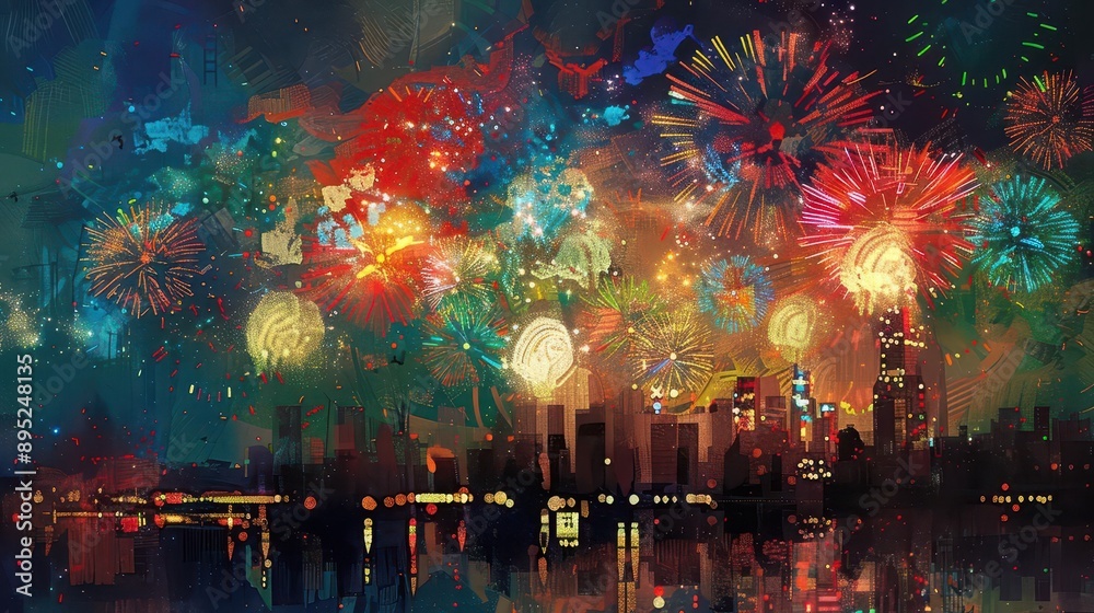 spectacular fireworks display over a cityscape silhouette bursts of vibrant colors red gold green and blue illuminate the night sky reflecting in the water below spectacular fireworks display over a cityscape silhouette bursts of vibrant colors red gold green and blue illuminate the night sky reflecting in the water below